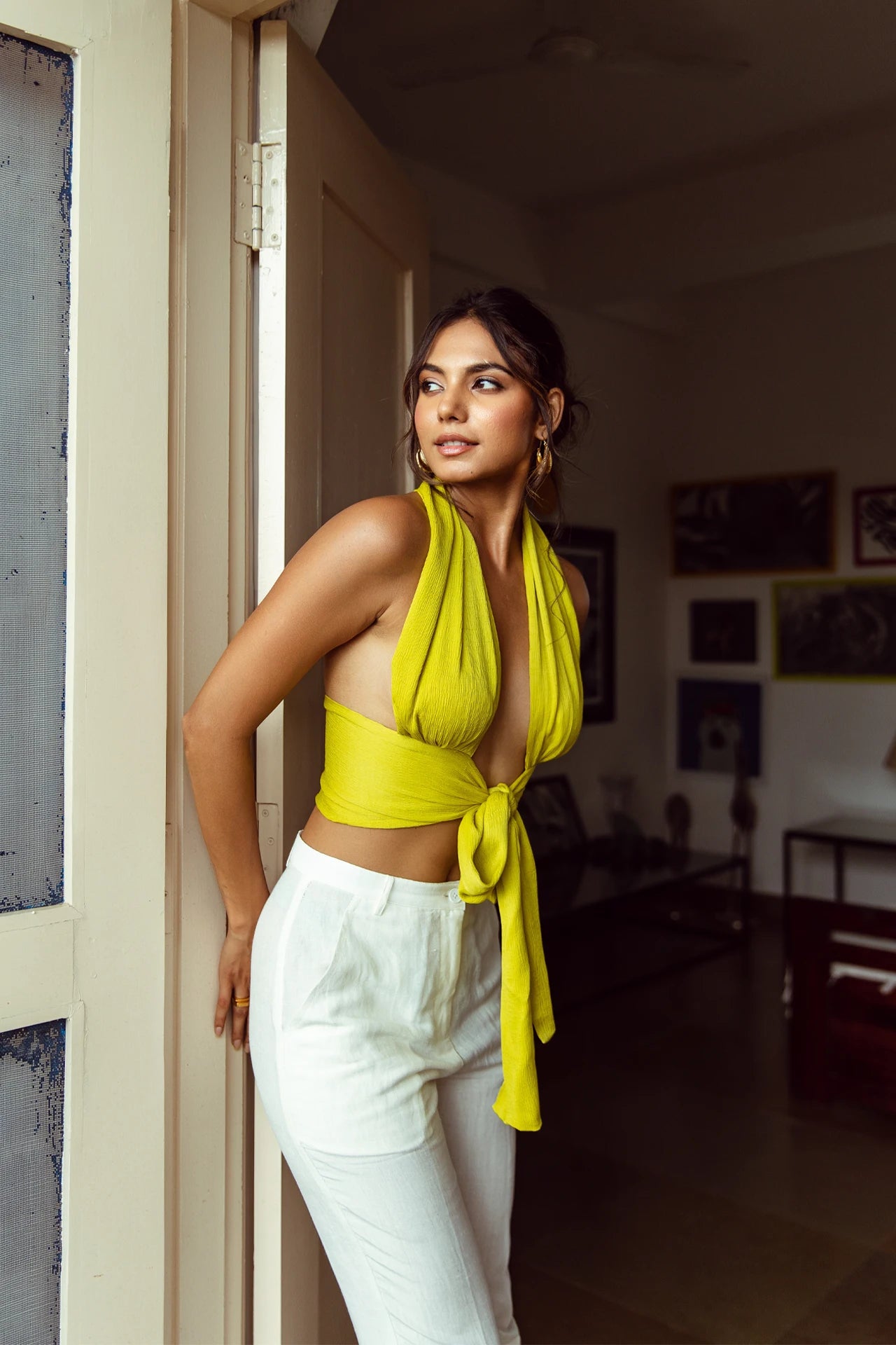 Satin backless top with plunging neckline and tie-up front close up — open back top women India Label WildChild