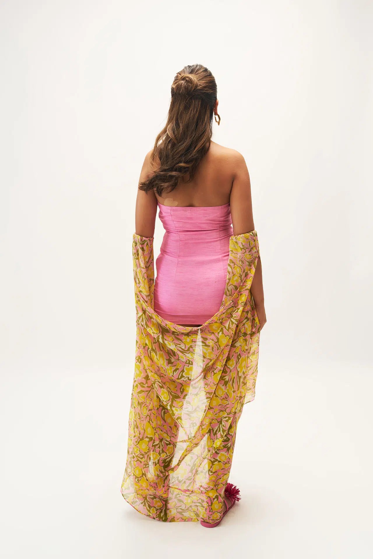 PINK MINI DRESS WITH FLORAL DRAPE
