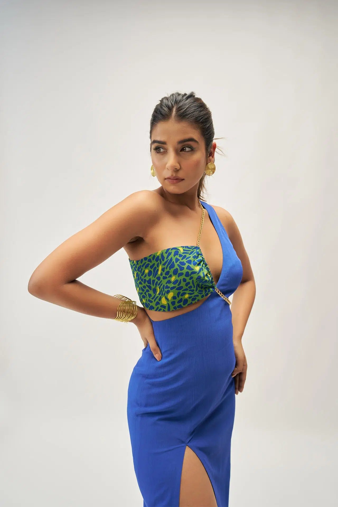 Vivian asymmetric blue dress side view — thigh slit detail — handmade India Label WildChild