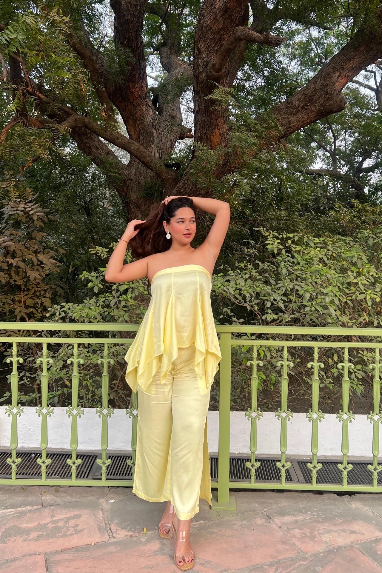 Butter yellow satin asymmetric strapless top — wide-leg palazzo trousers co-ord set India Label WildChild