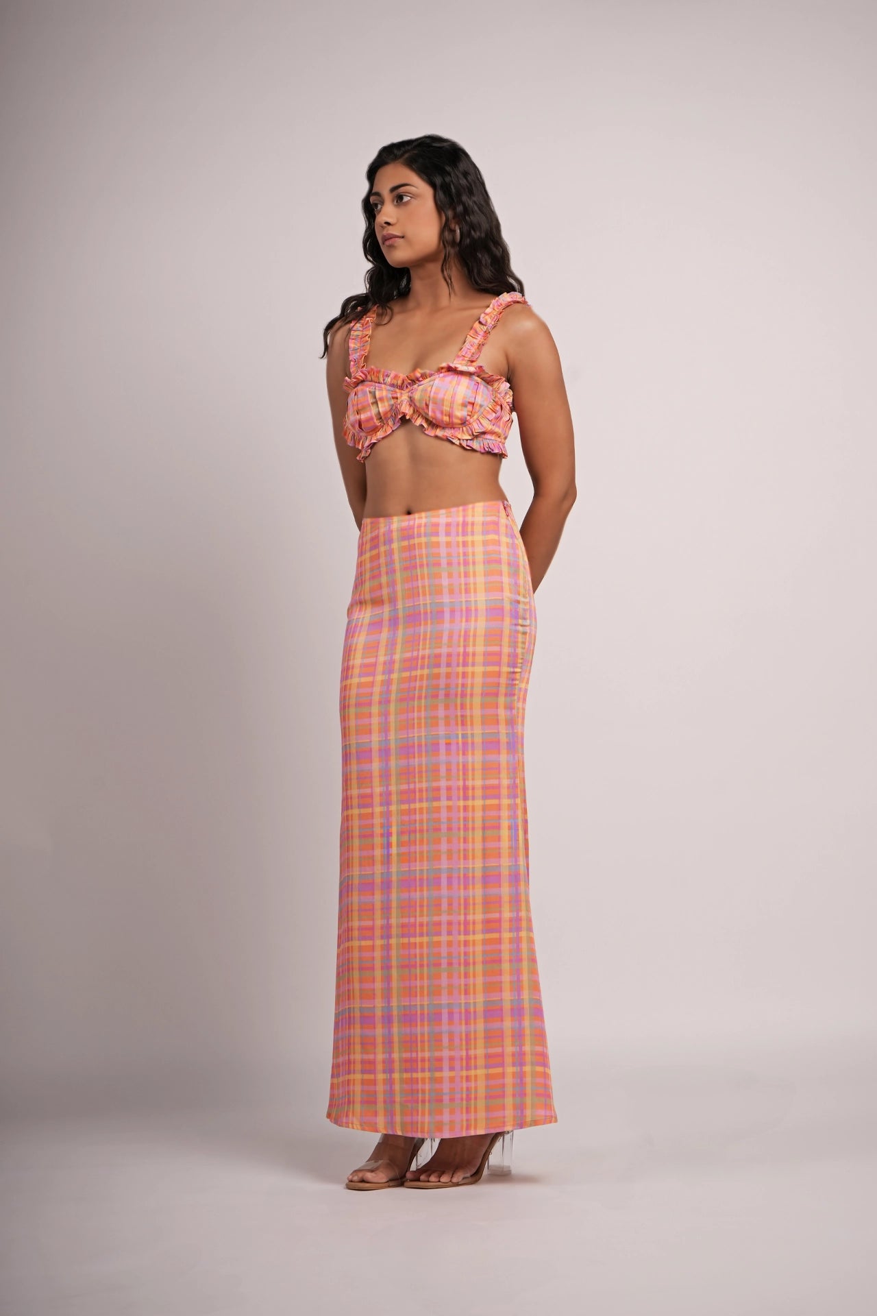 Frill plaid bustier crop top detail — sculpted cups with candy hue satin — handmade India Label WildChild