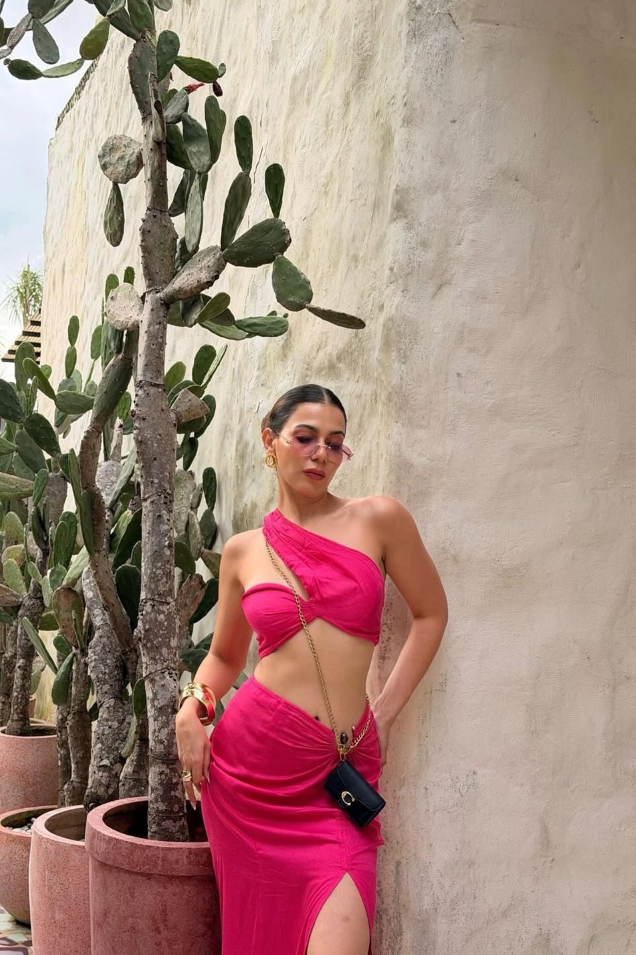 Rani Pink satin co-ord set for women — asymmetric crop top and draped skirt — Label WildChild