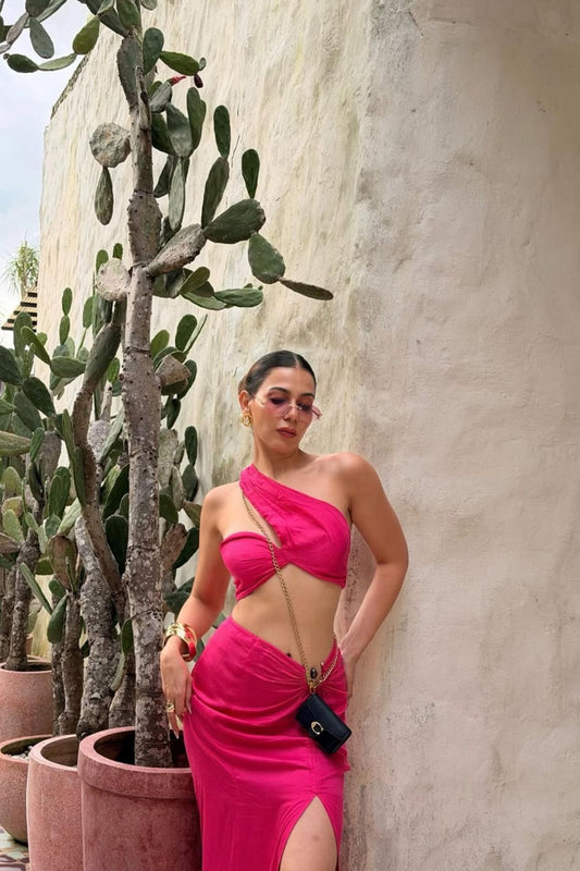 Rani Pink satin co-ord set for women — asymmetric crop top and draped skirt — Label WildChild