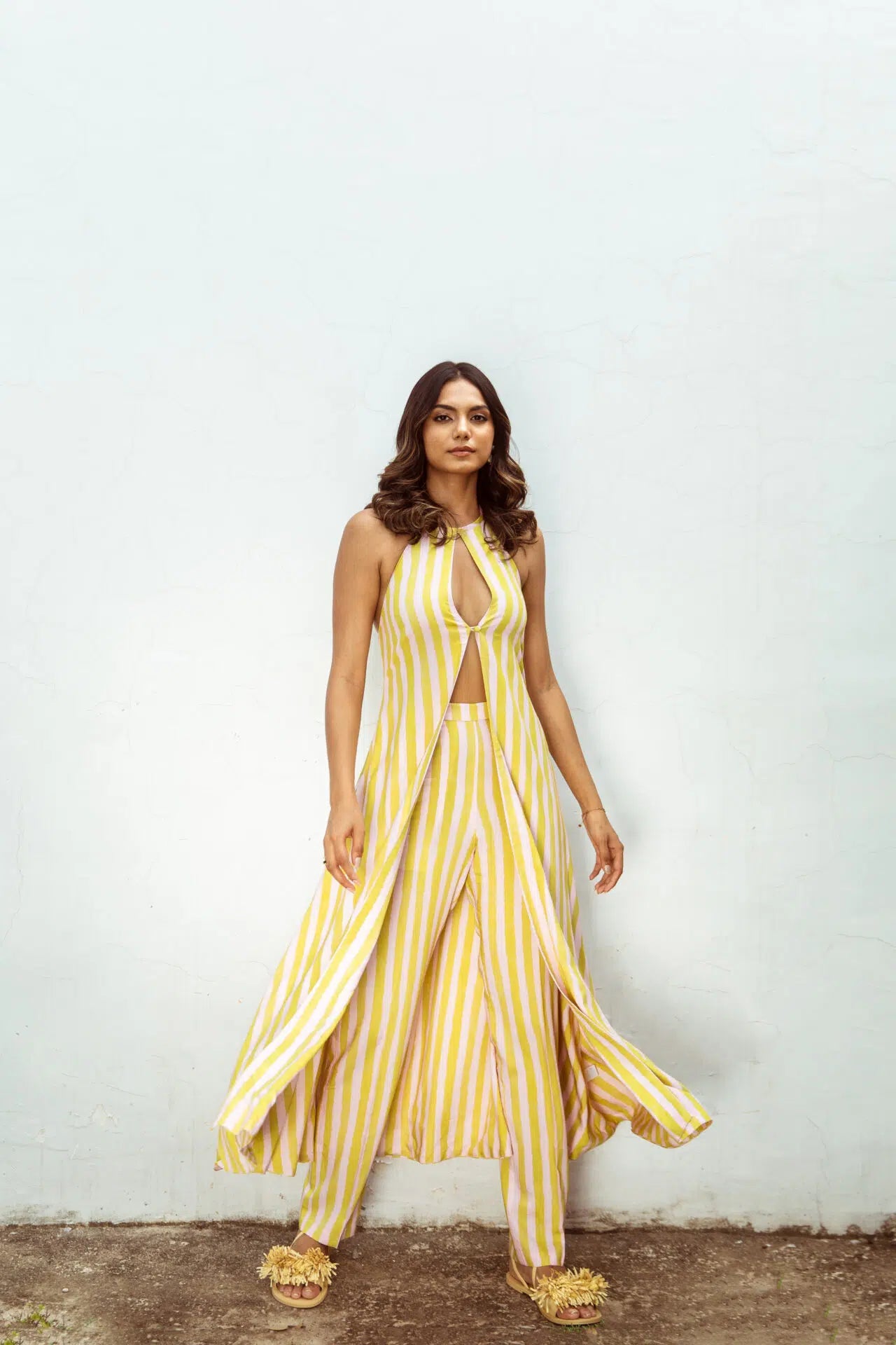 Lime and blush printed modal cotton longline top front view — handmade India Label WildChild