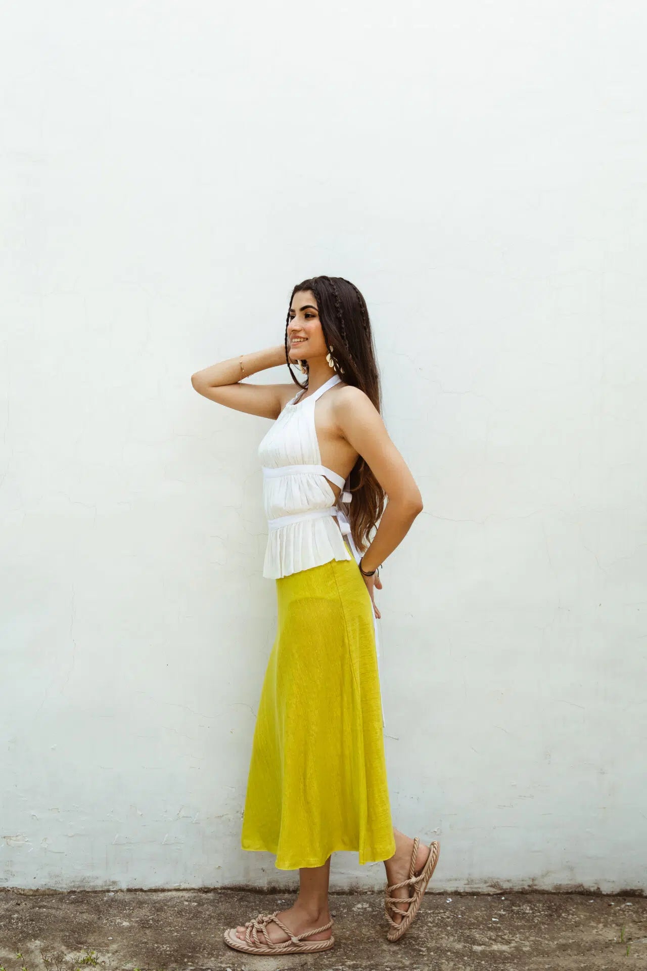 Ivory silk chiffon backless top back view - graceful drape and cotton lining, women India Label WildChild
