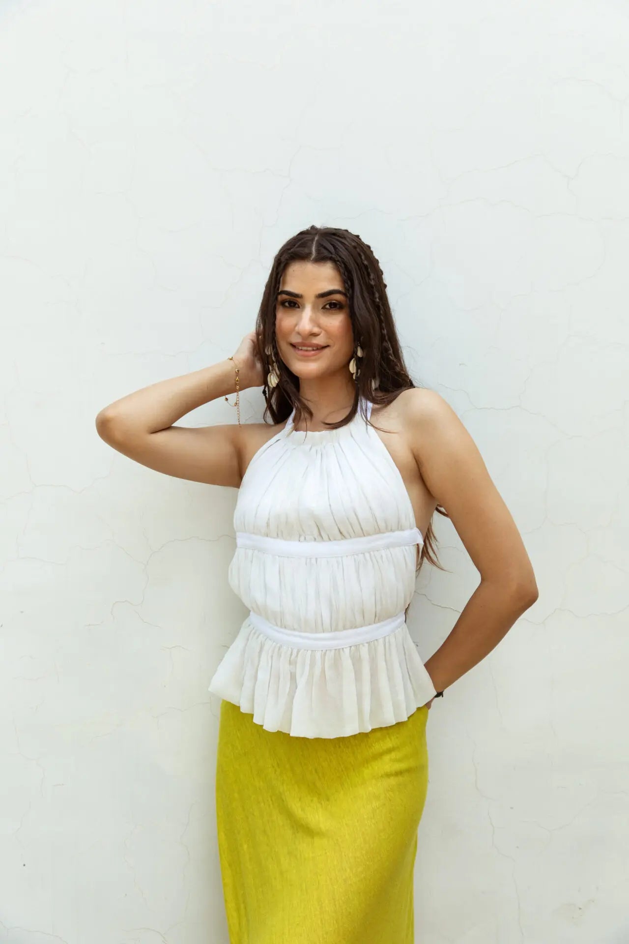 Kirya ivory backless top front view- pure silk chiffon with delicate pleating — handmade India Label WildChild