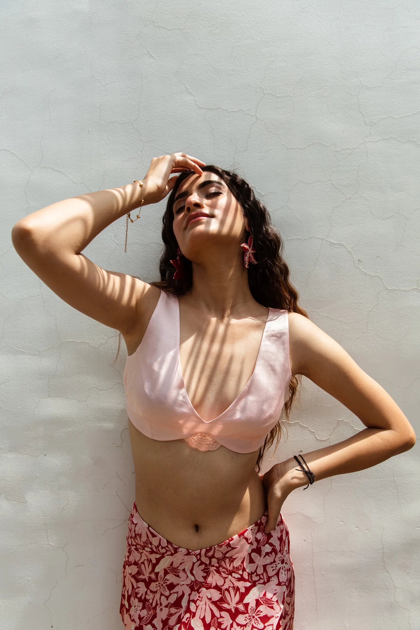 Blush pink satin crop top with lace detail front view — handmade India Label WildChild