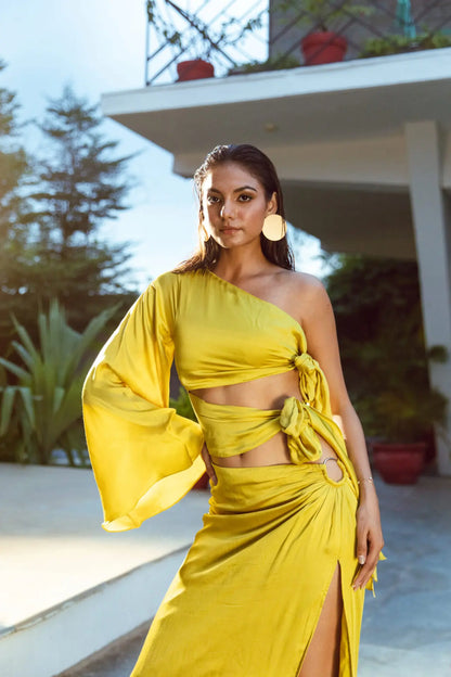 Verita maxi dress side view — flared sleeve and thigh-high slit detail — handmade satin dress India Label WildChild