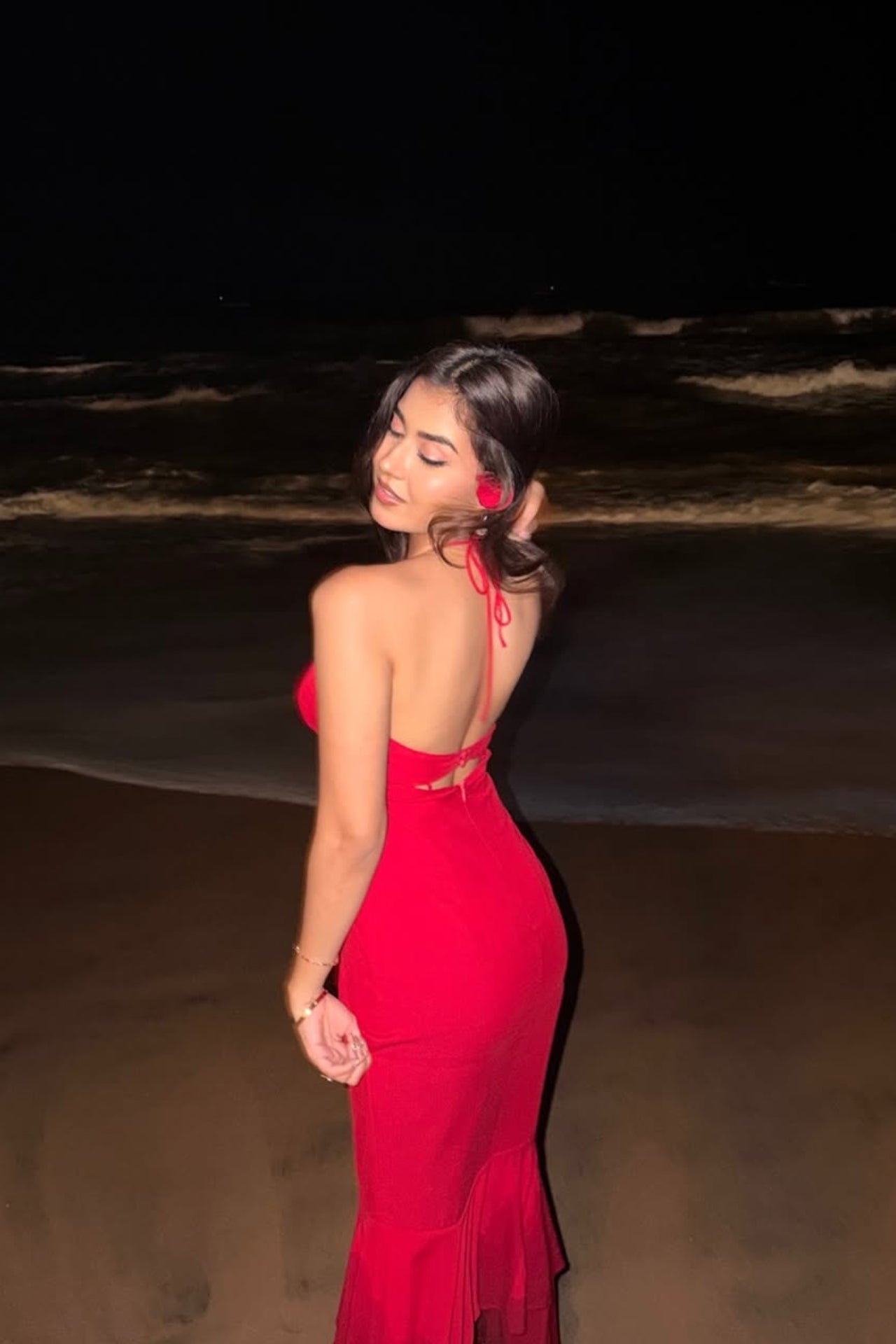 Akansha Choudhary in The Mean Maxi red modal georgette maxi dress — tiered hem and scalloped cups, Label WildChild India