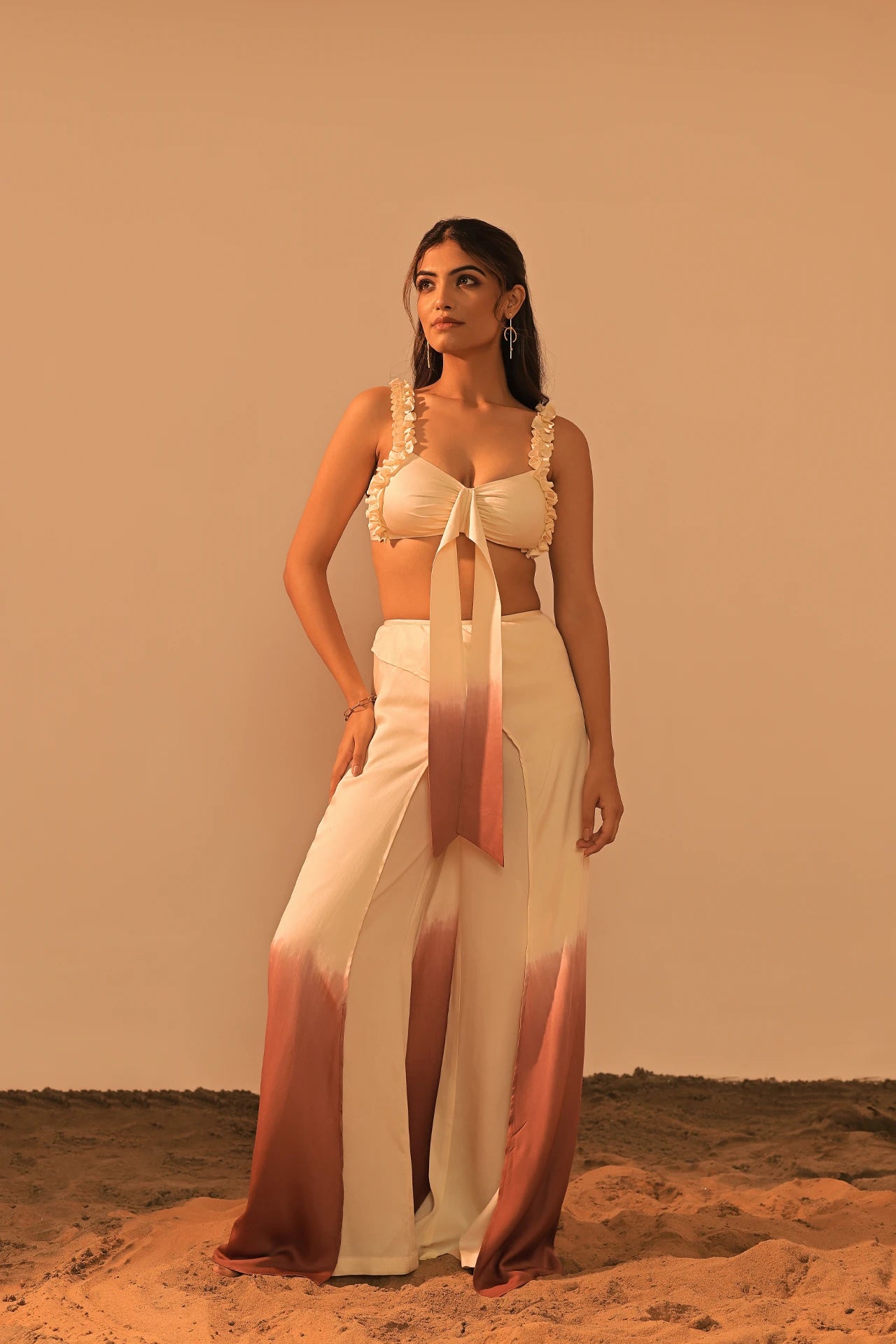 Sand ombre satin co-ord styled for brunch and beach — vacation outfit women India Label WildChild