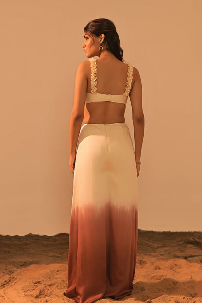 Beige brown ombre co-ord set back view — zipper pants and hook closure top — Label WildChild India