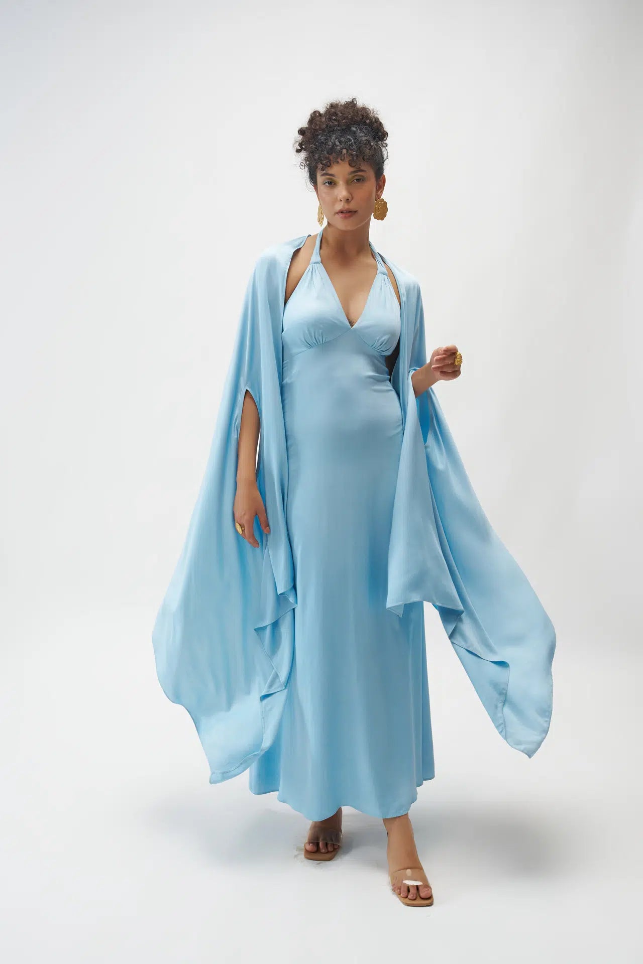 Powder blue satin halter maxi dress with fringed shrug cover-up — resort wear for women India