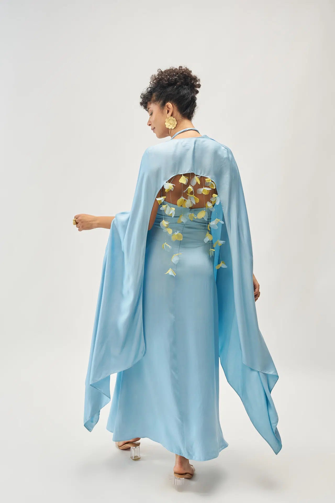Satin maxi dress with organdy petal fringed shrug back detail — Label WildChild India