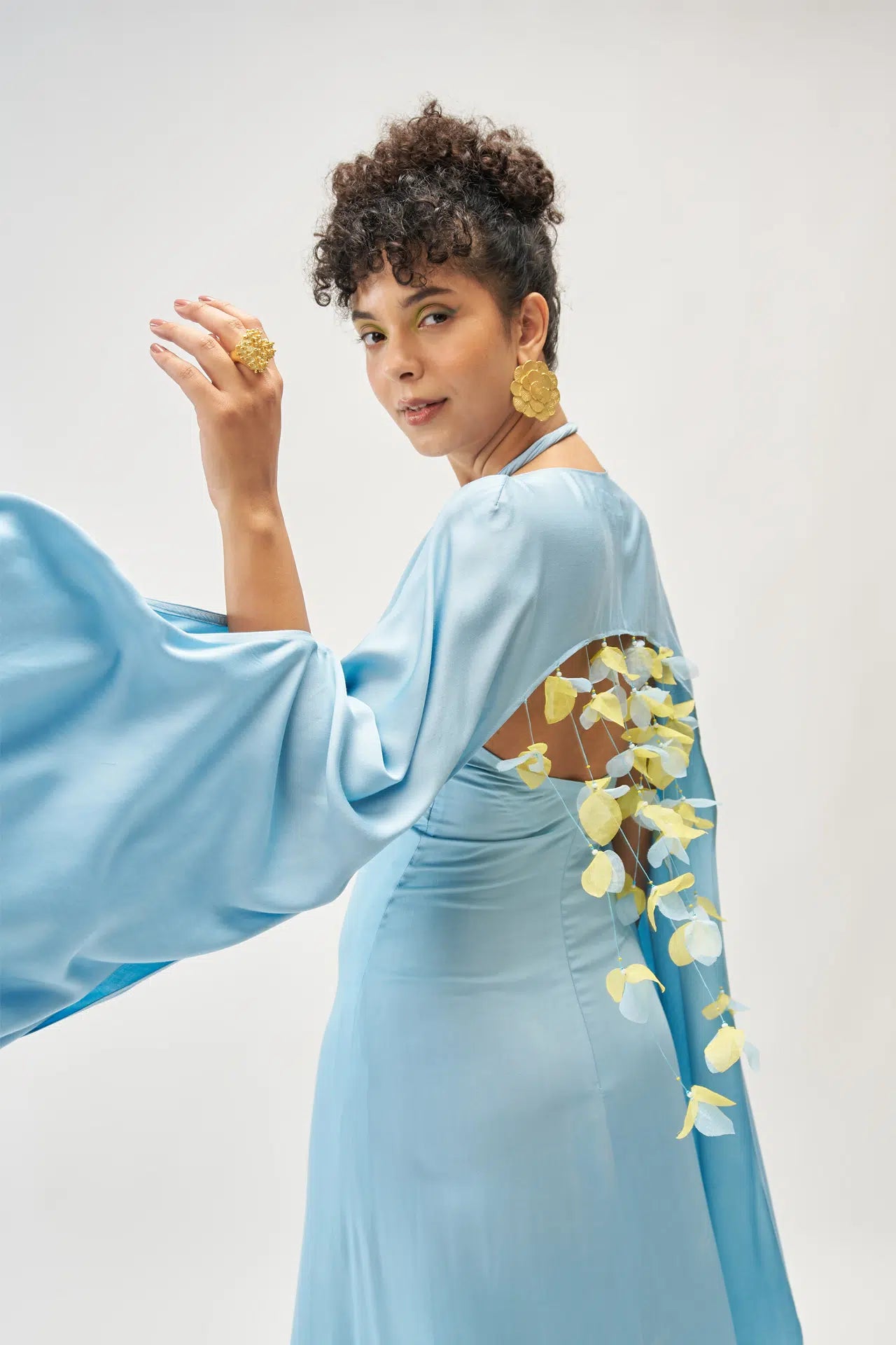 Powder blue satin maxi dress and fringed shrug set — handmade vacation outfit women India