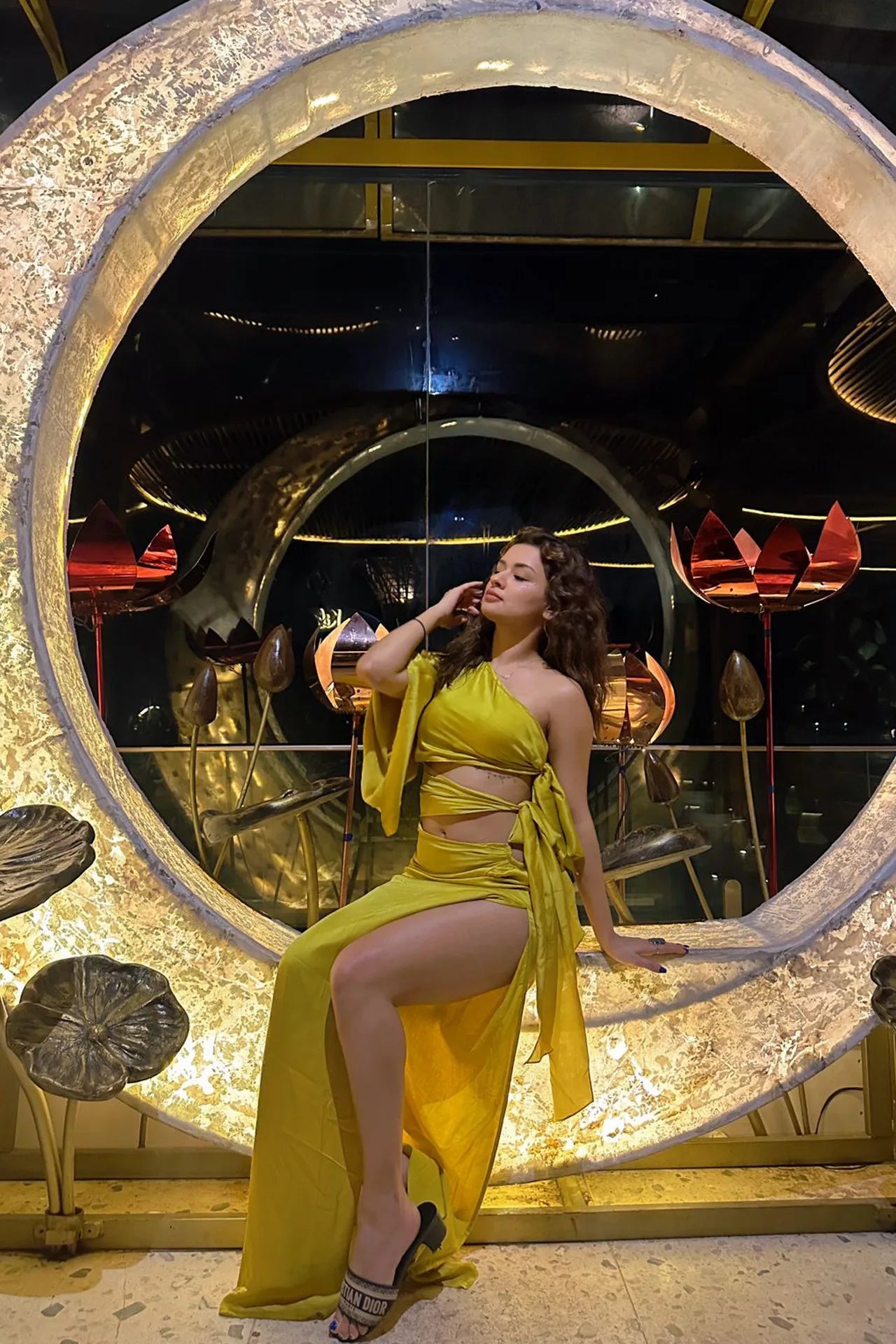 Avneet Kaur in Verita satin maxi tie-up dress — one-shoulder with thigh-high slit — Label WildChild India