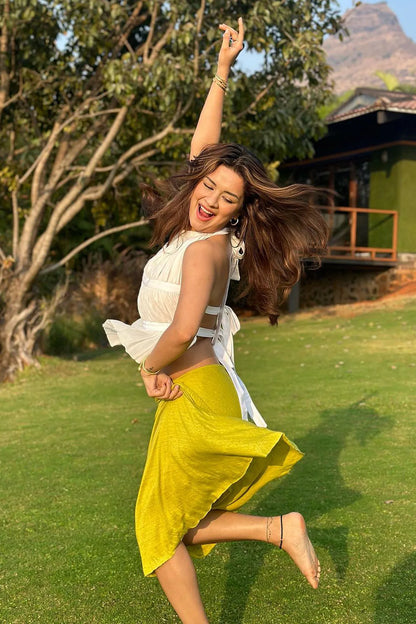 Avneet Kaur in Kirya ivory silk chiffon backless top — Label WildChild India