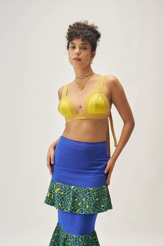 Azure ochre yellow tassar tie-up top for women — detailed strap stitching with front tie-up — Label WildChild India