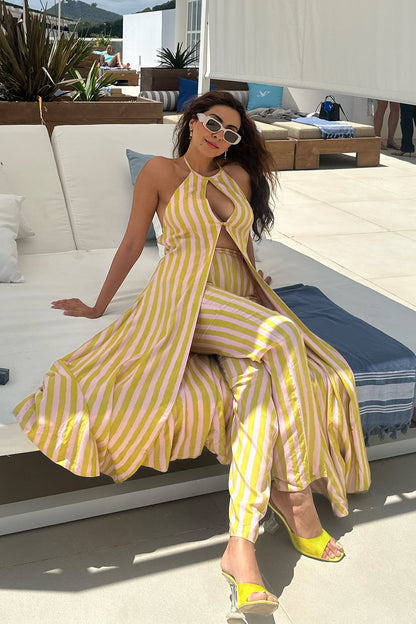 Citrus blush striped co-ord set for women — longline tie-up top and elasticated pants — Label WildChild India worn by fashion influencer Niki Mehra