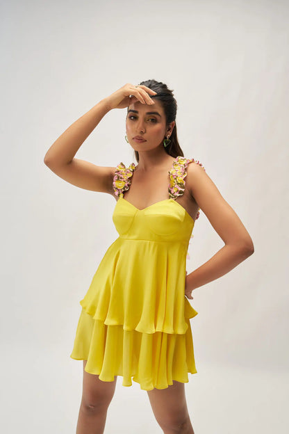 Gala yellow satin mini dress for women — heart neckline with laser-cut petal detail — Label WildChild India
