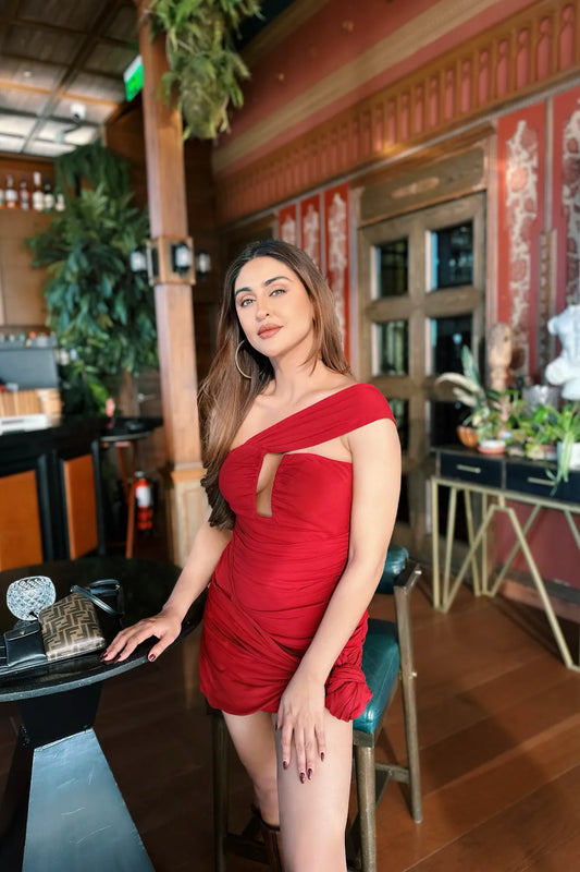 Krystle D'Souza in Ilya red modal mini dress — plunging neckline with metal inserts — Label WildChild India
