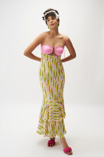 Paloma printed tiered maxi dress for women — paint stroke print with scalloped cup detail — Label WildChild India