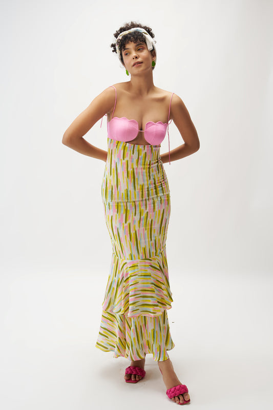 Paloma printed tiered maxi dress for women — paint stroke print with scalloped cup detail — Label WildChild India