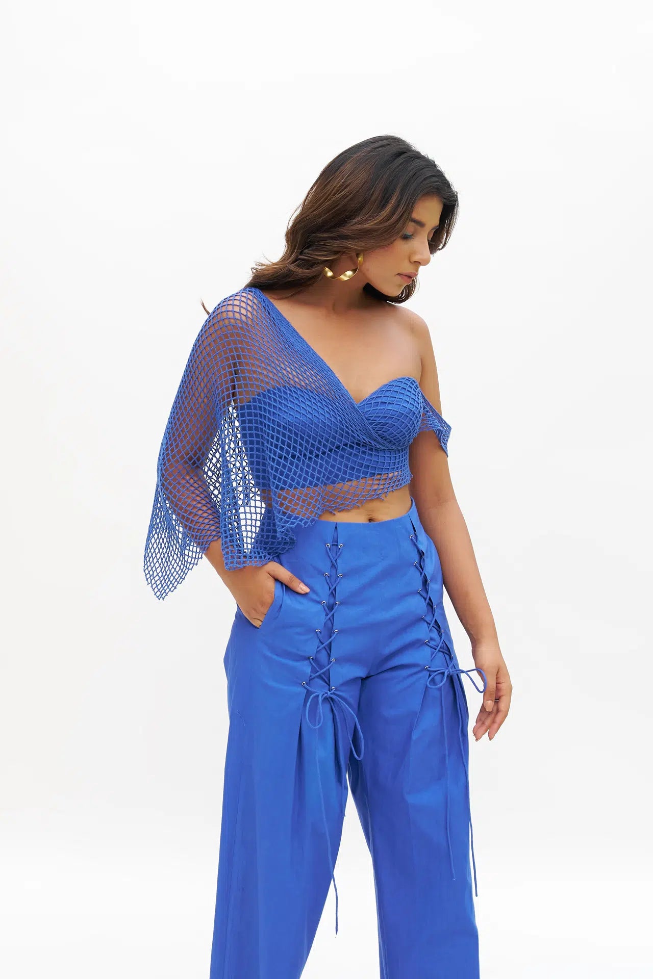 Pilcro royal blue draped lace top for women — handcrafted cotton jaal detailing with side zipper — Label WildChild India