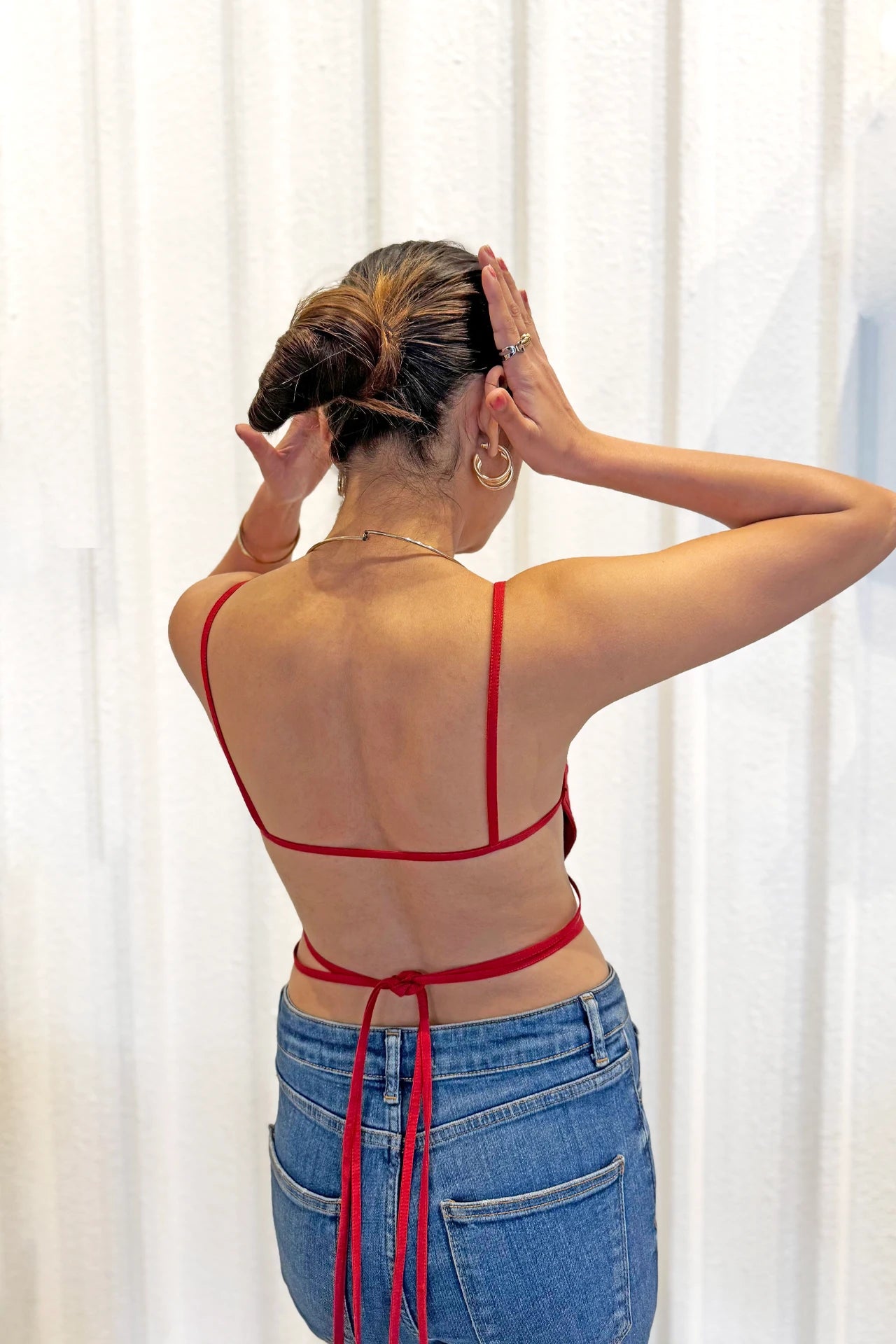 Backless red top back view, V-shape design and sculpted fit — handmade India Label WildChild