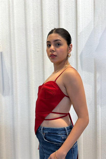 Red backless heavy cotton top with cotton lining — date night and party top women India Label WildChild