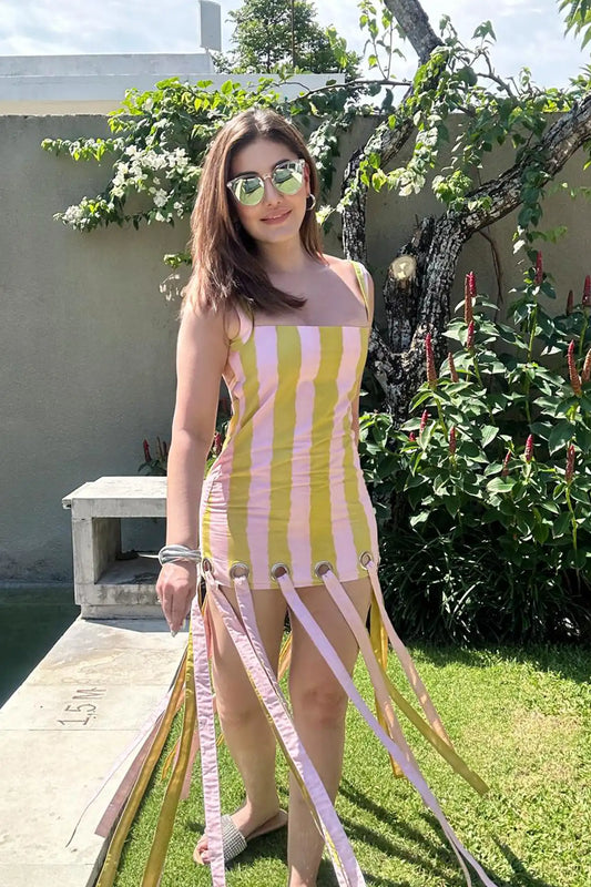 Shefali Jariwala in Stina striped fringe mini dress — Label WildChild India
