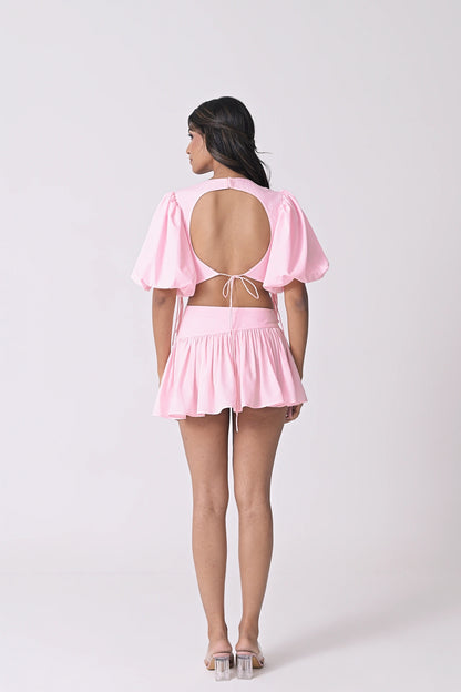 Pink Bae co-ord set front view — baby pink fringed puffed sleeve top and tie-up twirl skirt — Label WildChild India