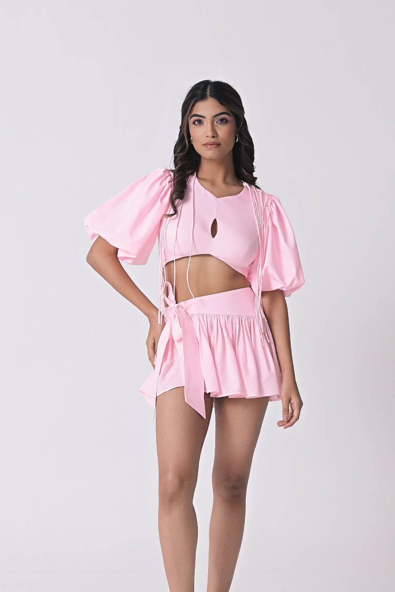 Baby pink crepe fringe co-ord — backless fringed top and flattering skirt , handmade India Label WildChild