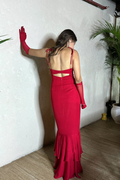 The Mean Maxi back view — red modal maxi dress with button closure — handmade India Label WildChild