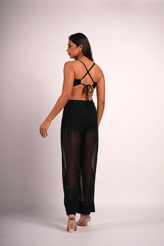 Ade Black georgette bikini crop top with hand pleating and metal trim — Label WildChild India