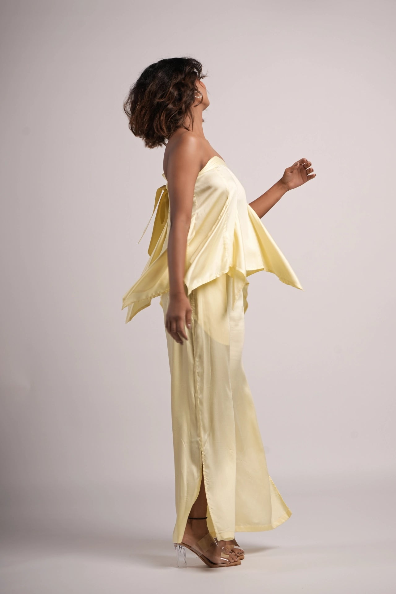 Yellow satin co-ord set for vacation and resort wear women India — Label WildChild