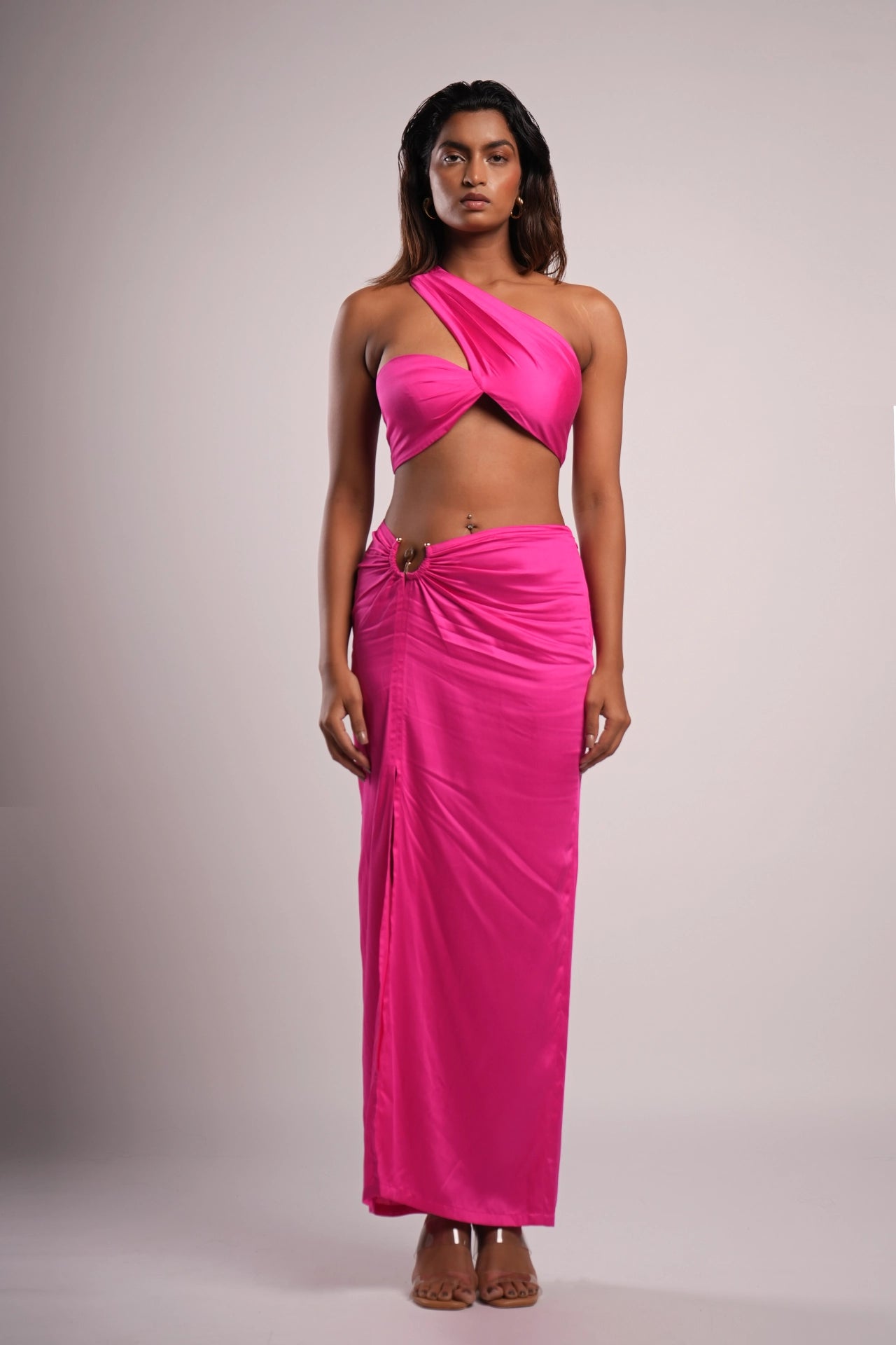 Pink satin crop top and skirt co-ord set styled for brunch — Label WildChild India