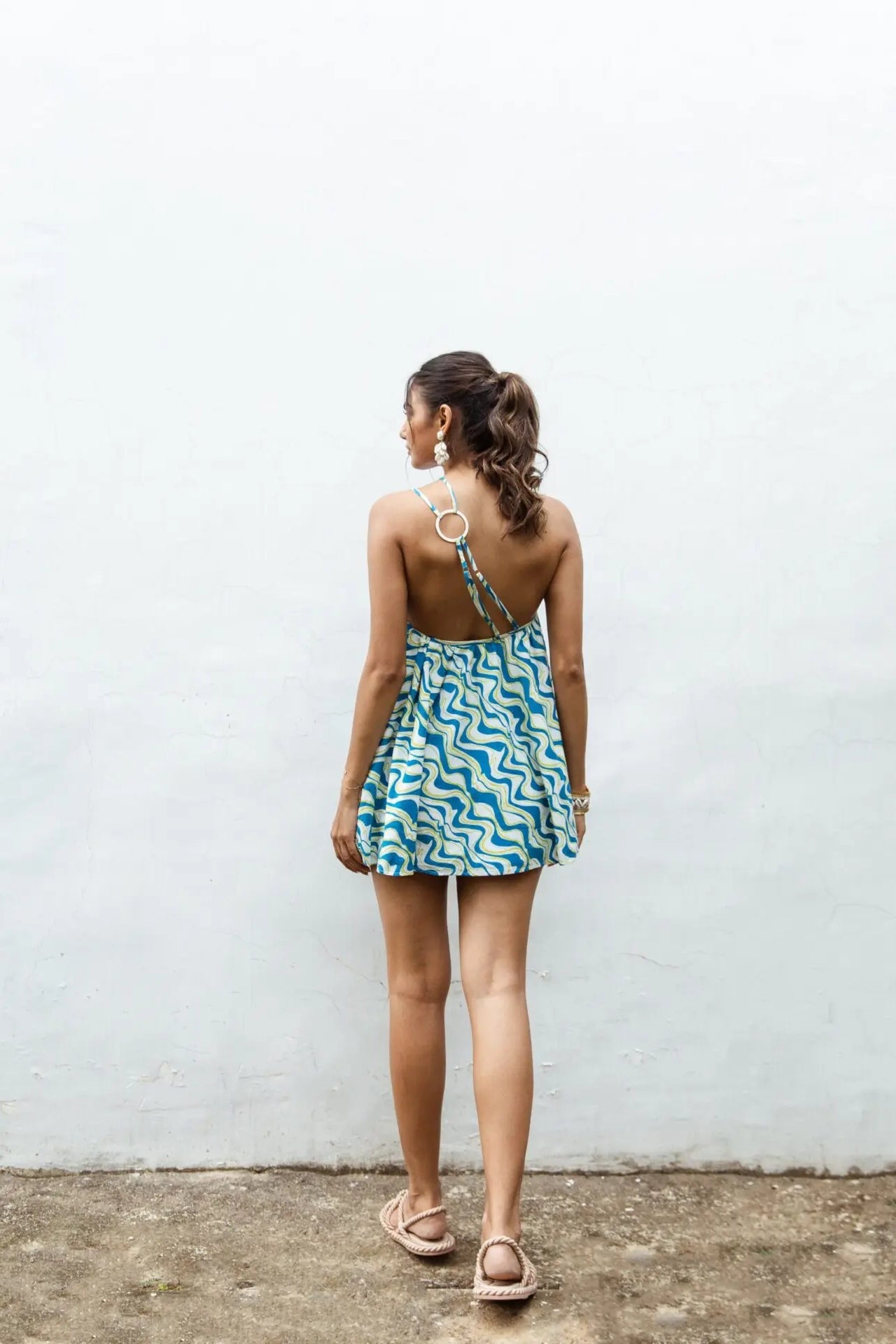 Aqua lime printed cotton mini dress front view — flared silhouette with adjustable straps — handmade India Label WildChild