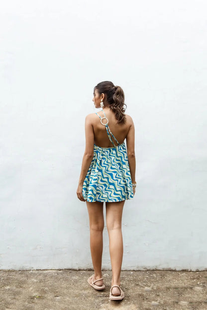 Aqua lime printed cotton mini dress front view — flared silhouette with adjustable straps — handmade India Label WildChild