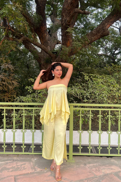 Butter yellow satin asymmetric strapless top — wide-leg palazzo trousers co-ord set India Label WildChild