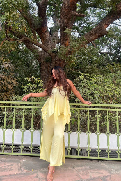 Butter yellow satin co-ord set for women — strapless top with asymmetric hem and wide-leg trousers — Label WildChild India
