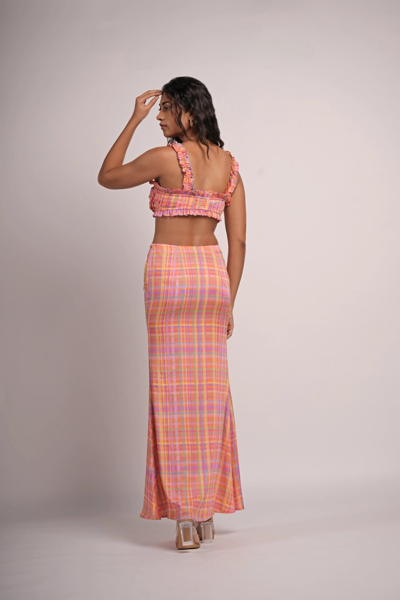 Candy Crush co-ord set side view — straight-cut maxi skirt with side zipper — handmade India Label WildChild