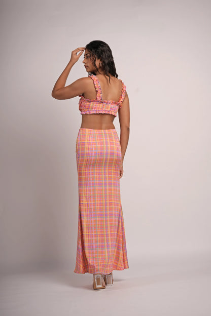 Candy Crush co-ord set side view — straight-cut maxi skirt with side zipper — handmade India Label WildChild
