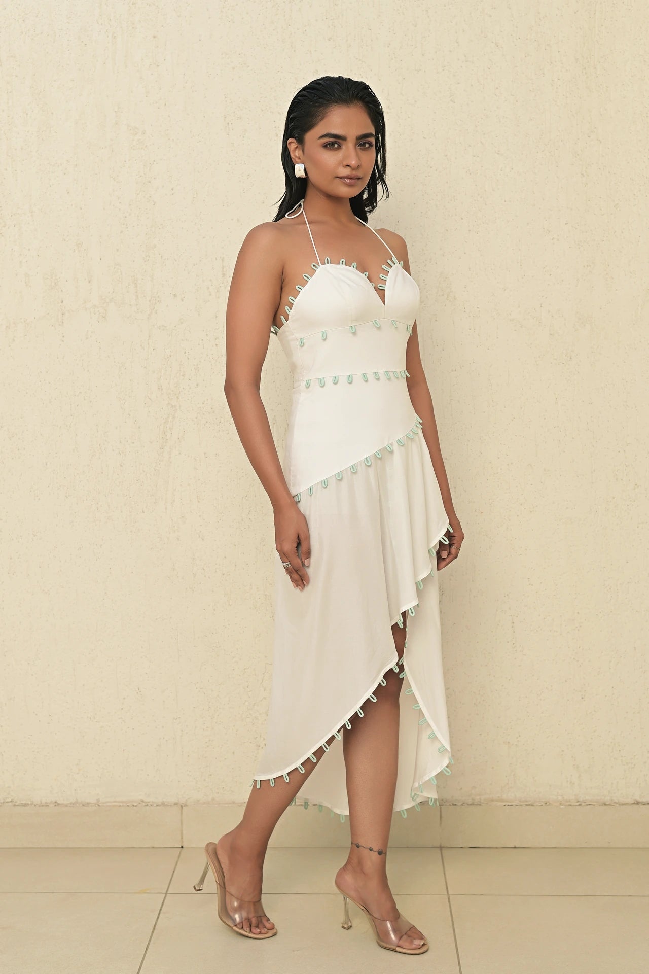 Ecru halter dress with loop inserts, slow fashion handmade dress women India Label WildChild
