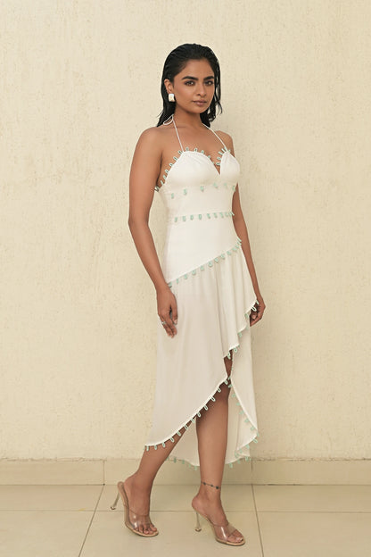 Ecru halter dress with loop inserts, slow fashion handmade dress women India Label WildChild