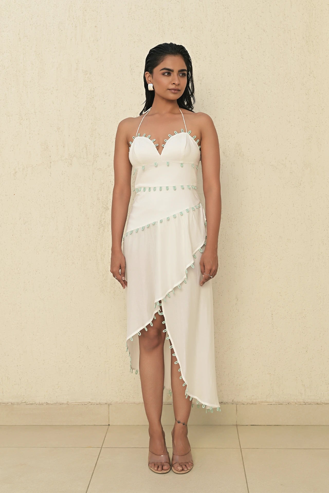 Cynthia loop dress side view, high-low hem and turquoise loop inserts — beach wedding dress women India Label WildChild