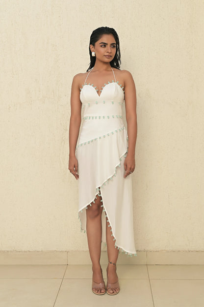 Cynthia loop dress side view, high-low hem and turquoise loop inserts — beach wedding dress women India Label WildChild