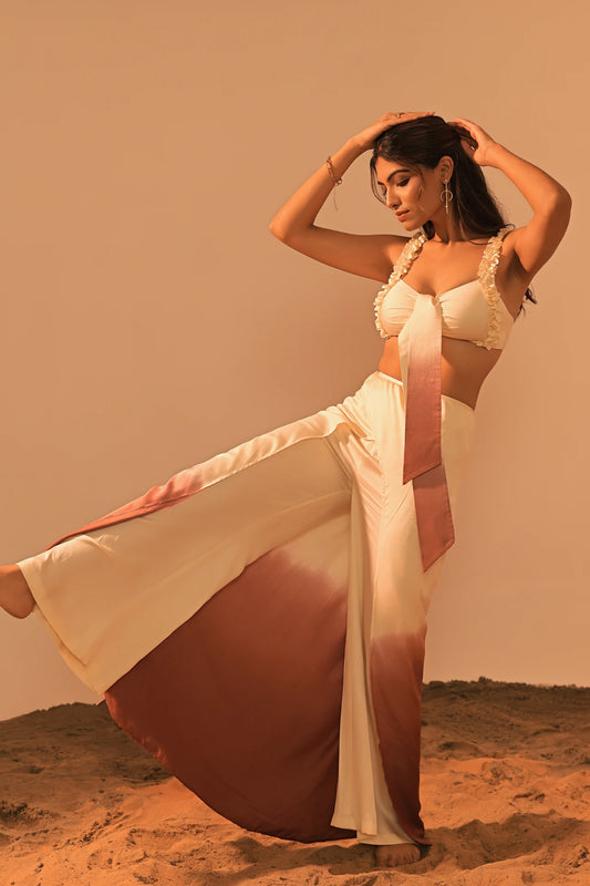 Beige brown ombre co-ord set back view — zipper pants and hook closure top — Label WildChild India