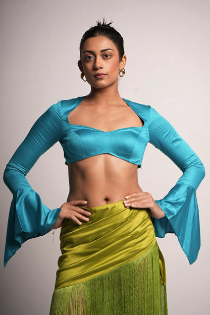 Electric blue satin sculpted blouse — sweetheart crop top with dramatic flared sleeves and square neckline — Label WildChild India