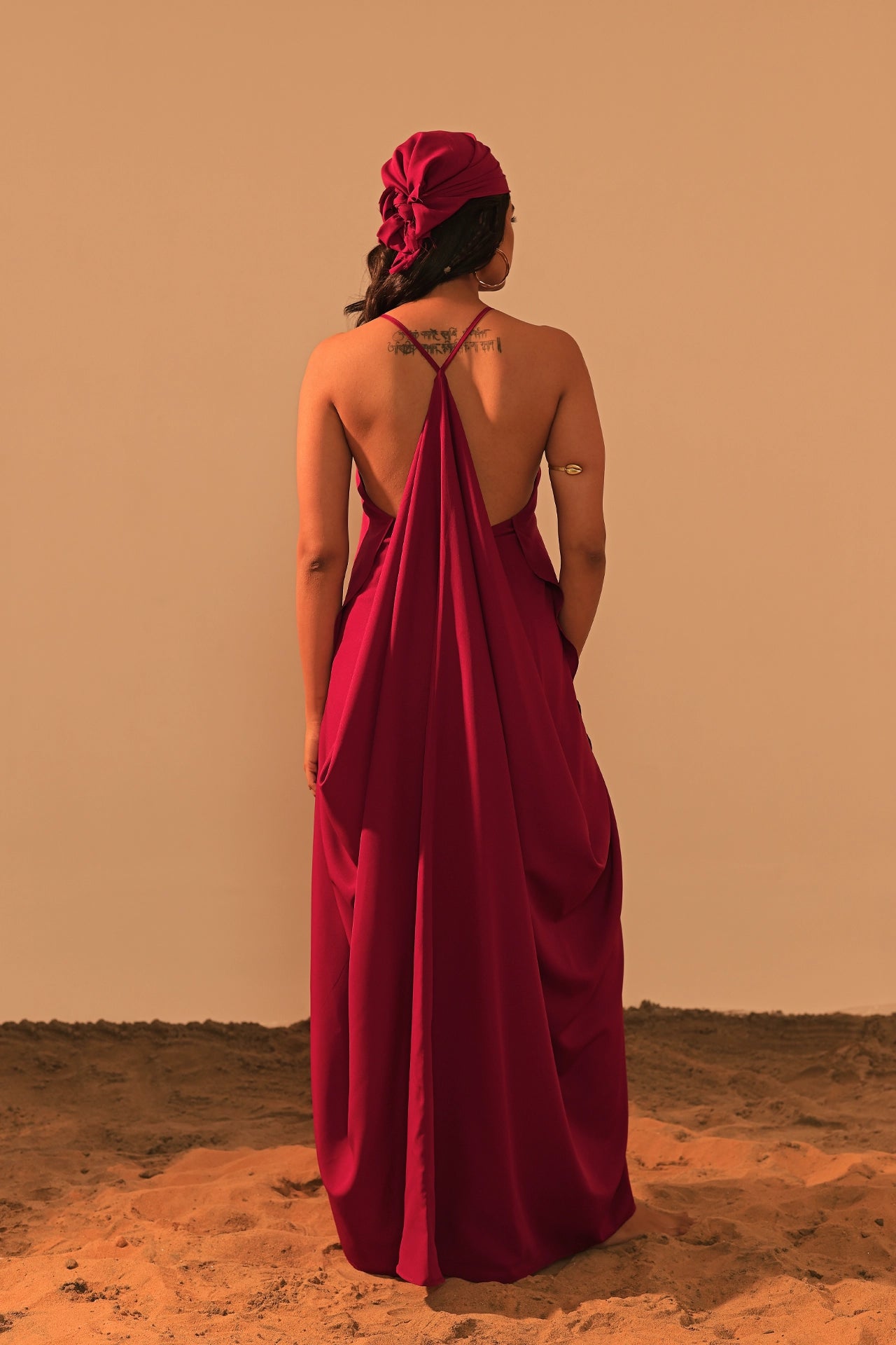 Burgundy slip-on maxi dress front view — flowing crepe with side cowls — handmade India Label WildChild