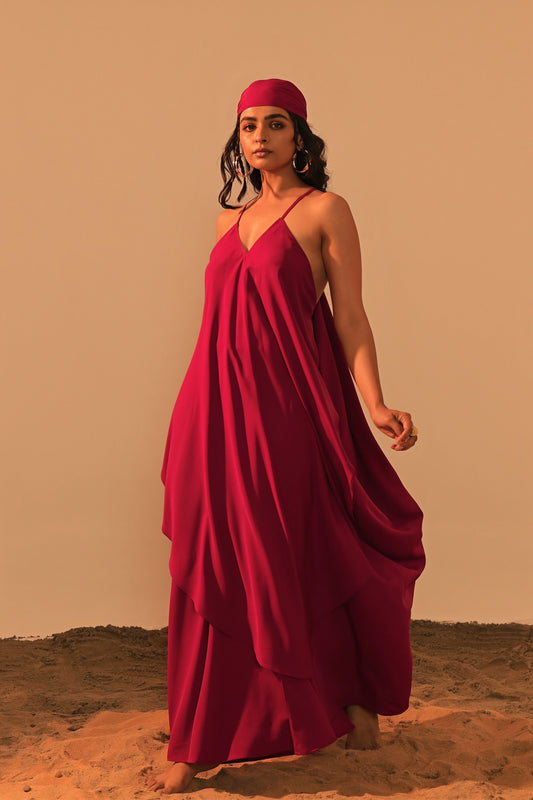 Ember burgundy crepe slip-on maxi dress — noodle straps with side cowl detail — Label WildChild India